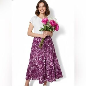JANE ASHLEY 100% Cotton Purple Floral Tiered Skirt Fully Lined Stretch Waist 2X